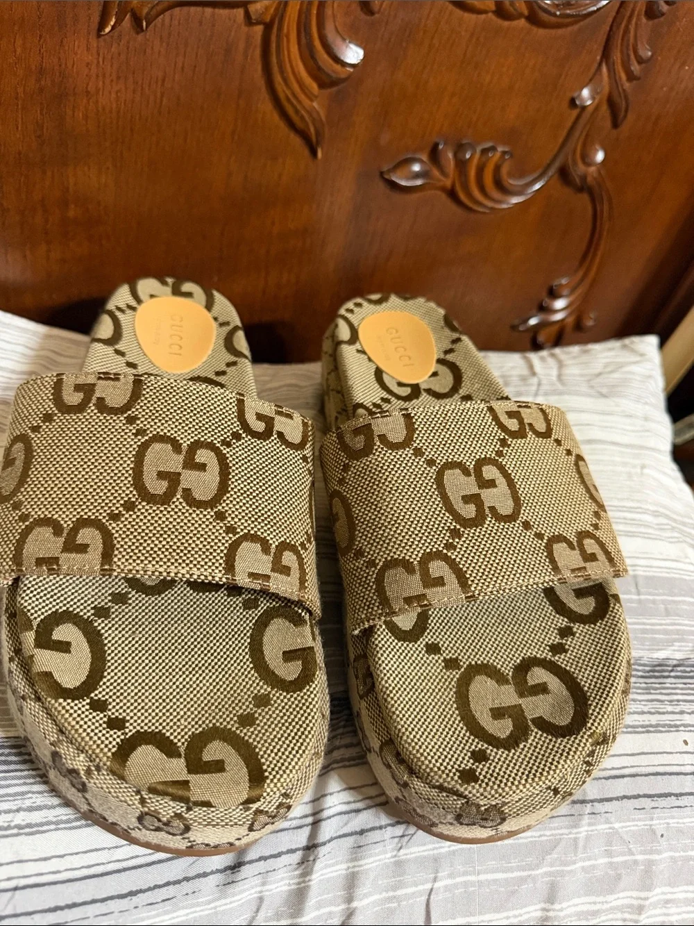 Gucci Brown & Beige GG Canvas Slide Sandals Platform Slidders size 44